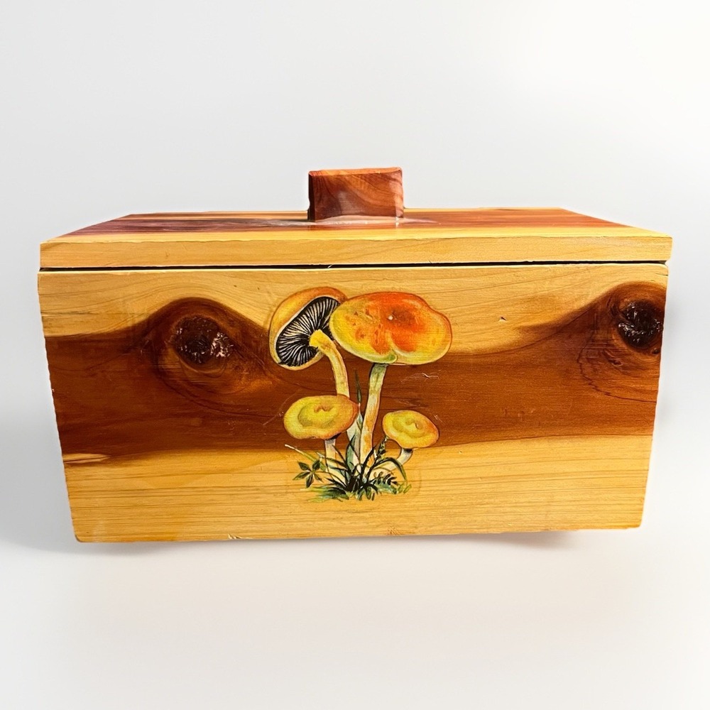 Boho Vintage Cedar Keepsake Box with Mushroom Art -‎ Handmade Wood Box 70s